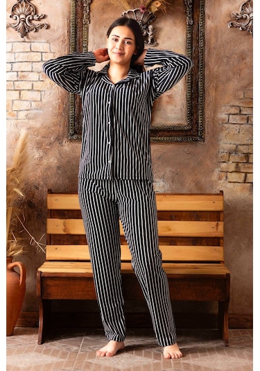 Lukitus Kadife Gömlek Yaka Kadın Pijama Takımı Siyah