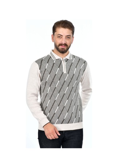 Kamalı Erkek Çelik Örgü Baklava Desenli Gömlek Yaka Fermuarlı Polo Yakalı Tüylenmez Triko Kışlık Baba Kazak Taş