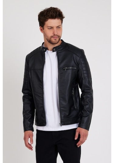 Mero Life Dar Kesim Erkek Deri Ceket Mont - Siyah