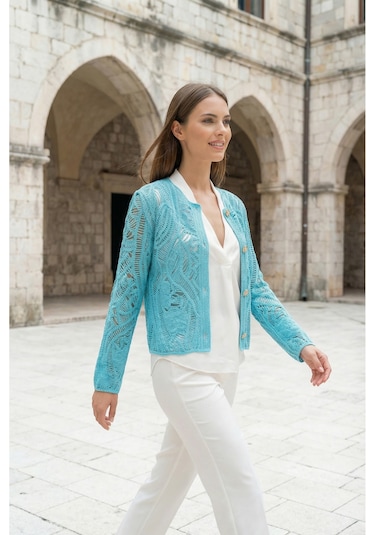 Sayzen Your Shine Dantel Desenli Gold Düğmeli Basic Ceket Shn-2602-tg Gök Mavi