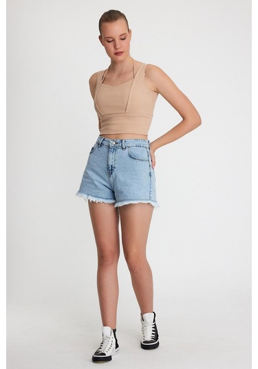 Polo State Kadın Ense Biye Detaylı Crop Bej