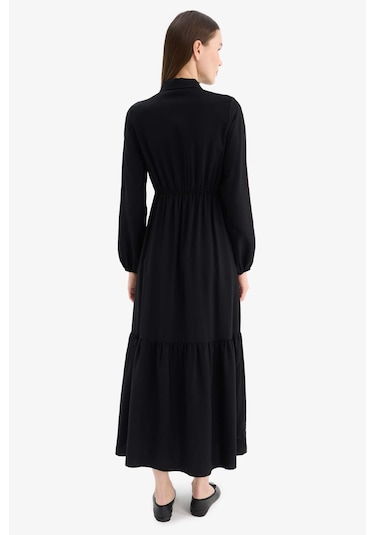DeFacto 	Gömlek Yaka Basic Düz Düğmeli Beli Büzgülü Uzun Kollu Maxi Elbise D5851AX25SPBK81