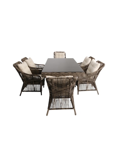 Bossa Rattan Bahçe Masa Takımı 100x200 6 Kişilik Bahçe Mobilyası Gri