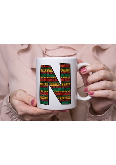 N Harfi Etnik Desenli Kupa - Afrika Tarzı Kahve Çay Kupası - Hediyelik - Black History Beyaz