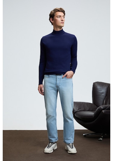 Grimelange REBEL Erkek Yarım Balıkçı Yaka Basic Slim Fit Triko Lacivert Kazak
