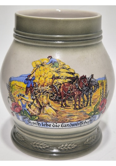 Vintage Tankart Hasat Zamanı Temalı Alman Seramik Bira Bardağı 13,5cm