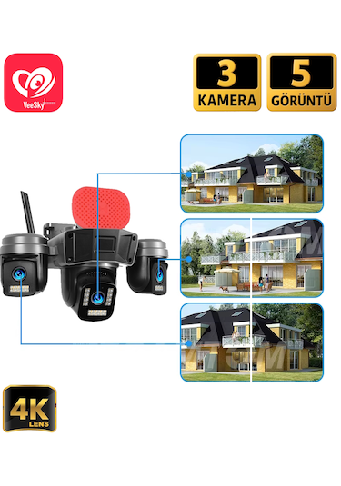 Veesky+ S308 3 Kameralı 6mp 4k Ultrahd Wifi Kamera Siren Gece Görüş
