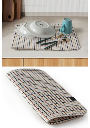 Bulaşık Kurutma Örtüsü, Bulaşıklık, Tezgah Üstü Bulaşık Matı, Süper Emici Mutfak Matı, Ekoseli Desen Çok Renkli