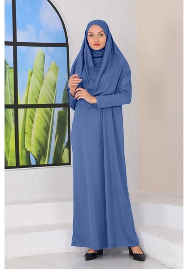 Tek Parça Namaz Elbisesi Indigo Mavi-20993 Gül Kurusu