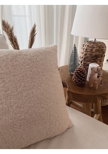 Teddy Kare Kırlent Kılıfı Krem 45x45 Krem