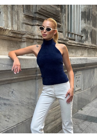 Kadın Yarım Balıkçı Yaka Full Esnek Sakallı Sırt Dekolteli Spor Şık Tasarım Sırtı Açık Bluz Lacivert