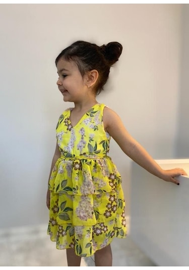 MODAVALS LİMON SARI KARDEŞ KOMBİN ÇİÇEKLİ KIZ ÇOCUK ELBİSE & BANDANA KOMBİN Sarı