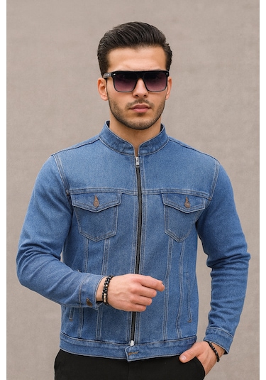 Fermuarlı Erkek Kot Ceket-1591 - Mavi Renk Mavi