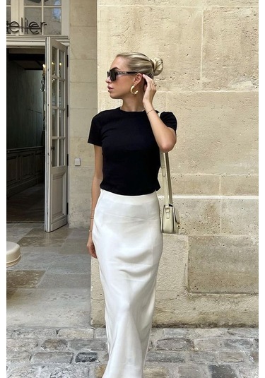 Kahverengi Maxi Basic Etek Beyaz