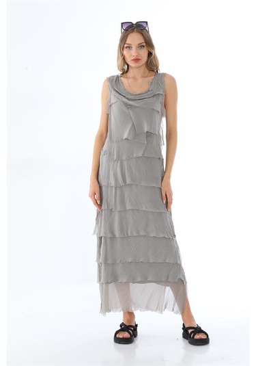 Italyan 2 Beden İnce Gösteren Kat Kat Kolsuz Ipek Elbise BEJ