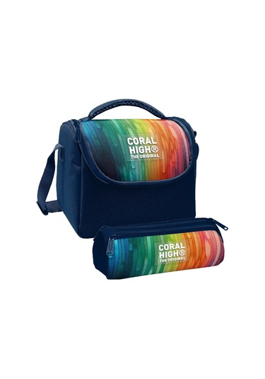 Coral High Erkek Çocuk Lacivert Çok Renkli Çizgi Desenli Thermo Beslenme Çantası Ve Üç Bölmeli Kalem Çantası Seti Siyah - Çok Renkli