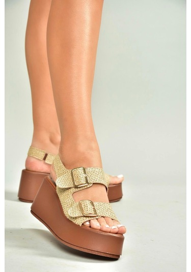 Fox Shoes U946418517 Bej Hasır Dolgu Topuklu Kadın Ayakkabı Bej-hasır