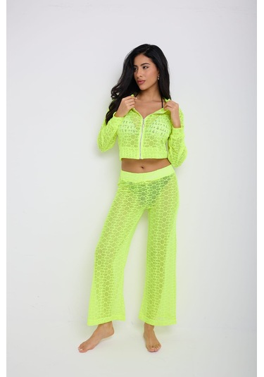 Kapuşonlu Dantel Bluz Neon Yeşil