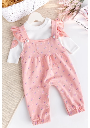 Çiçekli Fırfırlı 100% Pamuk 2'li Kız Bebek Salopet Tulum Set Somon
