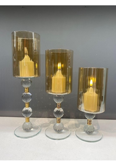 Dekoratif Kristal Cam Üçlü Boru Şamdan Gold