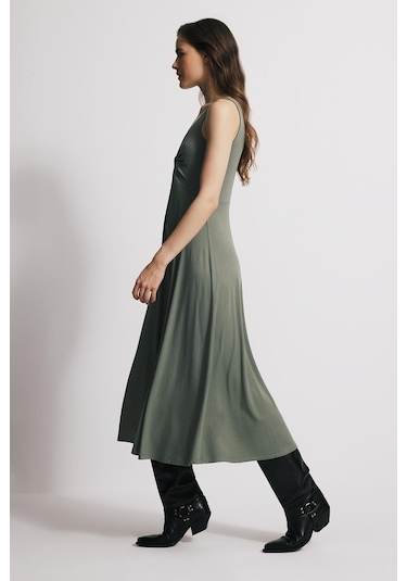 Askılı Açık Haki Midi Elbise