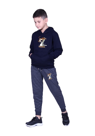 Kapüşonlu Kanguru Cepli California Baskılı Erkek Çocuk Eşofman Takımı Lacivert - Füme