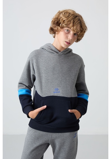 Gri Melanj Pamuklu Kalın İçi Tüylü Yumuşak Dokulu Standart Fit Nakışlı Erkek Çocuk Eşofman Takım - Gri Melanj