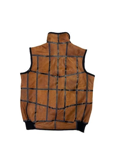 Içi Kürk-Dışı Süet Gerçek Deri Yakalı Ve Trikolu Yelek Tarçın