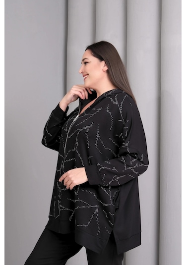 Kapüşonlu Fermuarlı Taş Baskılı Ceket Siyah