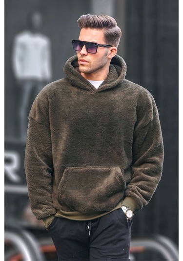 Haki Peluş Kapüşonlu Erkek Sweatshirt 6050 Haki