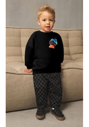 Erkek Çocuk Siyah Renk Araba Baskılı Sırt Detaylı Sweatshirt Kareli Jogger Eşofman Alt Üst Takım Siyah