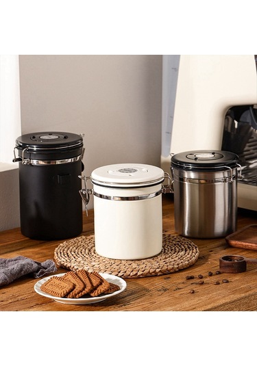 Xurunkeji Kahve Kavanozu Hava Geçirmez Çekirdek Kabı, Tarih Takipli Paslanmaz Çelik Mutfak Saklama Kutusu 1,2 L Beyaz Beyaz