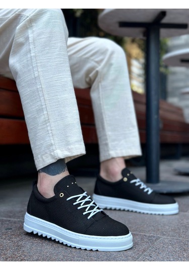 Pabucmarketi Bağcıklı Erkek Ayakkabı Siyah Beyaz Taban Renkli