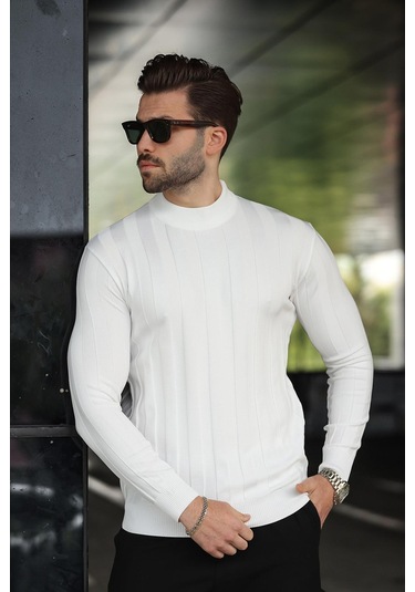 Beyaz Yarım Balıkçı Erkek Triko Kazak E7423 Beyaz