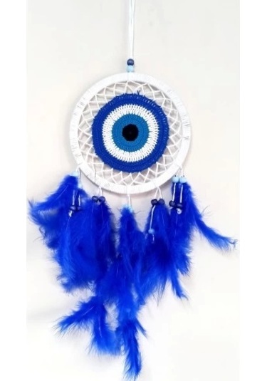 Saks Mavisi Kuş Tüylü Dream Catcher Nazar Boncuğu Motifli Düş Kapanı Duvar Süsü