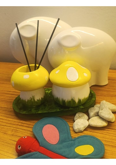 Artepieza El Yapımı Sarı Beyaz Mantar Figürlü Saksı Takımı Dekorasyon Seti 01