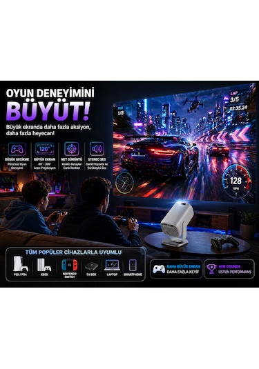 4k Destekli Android 13 Akıllı Projeksiyon Cihazı Wifi 6 Bluetooth 5.4 Full Hd Mini Projektör