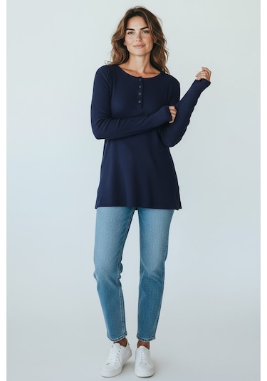 Kadın Yaka Düme Detaylı Mevsimlik Bluz Lacivert