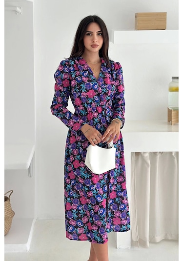 Asprin Fashion Çiçek Desenli Elbise Mor Mor