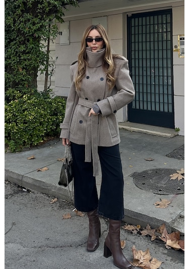 Vizon Ek Parça Yaka Detaylı Kaşe Kaban - 1125 Kum Rengi