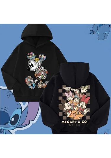 Kışlık Kapüşonlu Mickey & Minnie Mouse Sweatshirt SiYAH