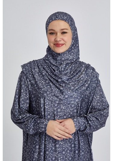Pratik Tek Parça Çiçek Desenli Namaz Elbisesi Lacivert