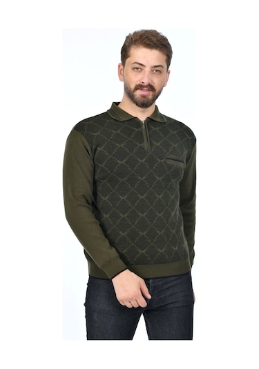 Kamalı Erkek Çelik Örgü Gömlek Yaka Cepli Fermuarlı Polo Yakalı Tüylenmeyen Triko Kışlık Baba Kazak Haki