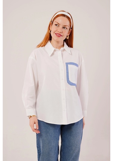 Çizgili Cep Detaylı Beyaz Gömlek Beyaz