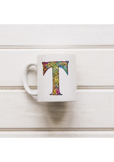 T Harfi Bardak 330 Ml İsme/harfe Özel Hediye, Renkli Harf Tasarım Beyaz