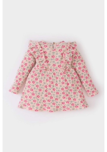 DeFacto Kız Bebek Çiçekli Uzun Kollu Waffle Elbise D9563A525SPBR476 Bordo