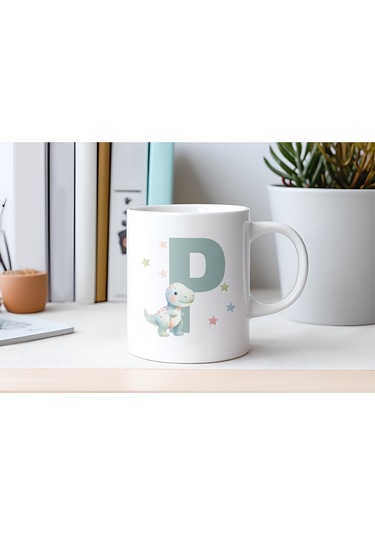 P Harfi Sevimli Dinozor Kupa Bardak - Açık Yeşil Yıldız Detaylı Dino Tasarım - Hediye Beyaz