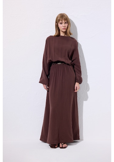 Müslin Beli Büzgülü Elbise Kahverengi Kahverengi