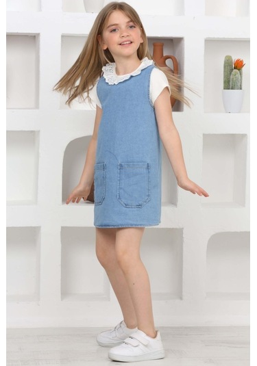 Kız Çocuk 2'li Jean Elbise Çift Cepli Jean Elbise+bluz 12203 Mavi