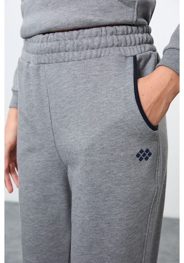 Tommy Life Gri Melanj Kompakt Pamuklu Kalın Pürüzsüz Dokulu Dik Yaka Oversize Fit Kadın Eşofman Takım - 95342 GRİ MELANJ